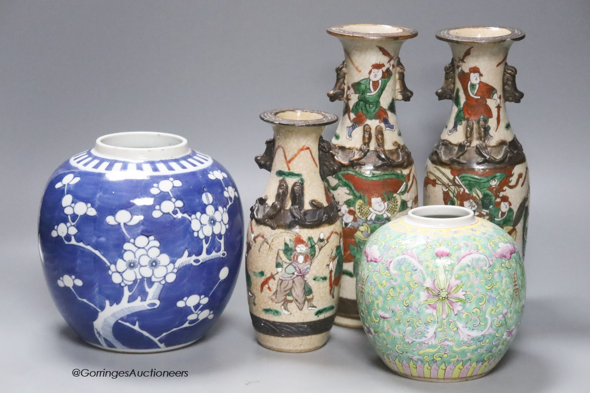 A pair and another Chinese crackleglaze vases and two jars, one famille rose, the other blue and white, tallest 25cm